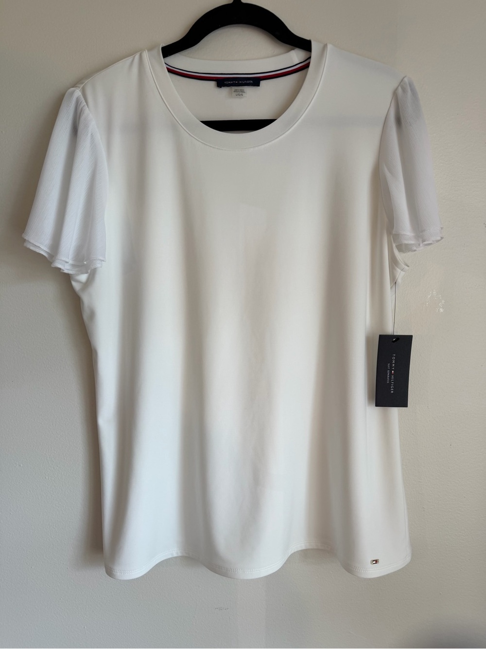 Tommy Hilfiger White Short Sleeve Women's Tee with Flutter Sleeves